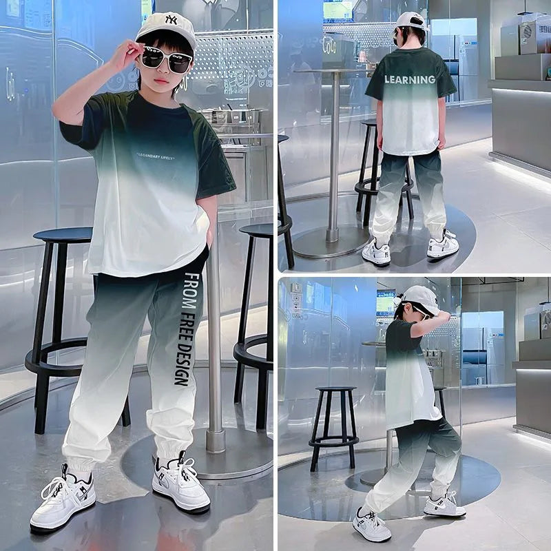 2025 summer Teenager Boys Clothes Casual Outfit Kids Gradient Tracksuit Child t shirt + ankle tie pant 4 5 6 7 8 9 10 12 Year