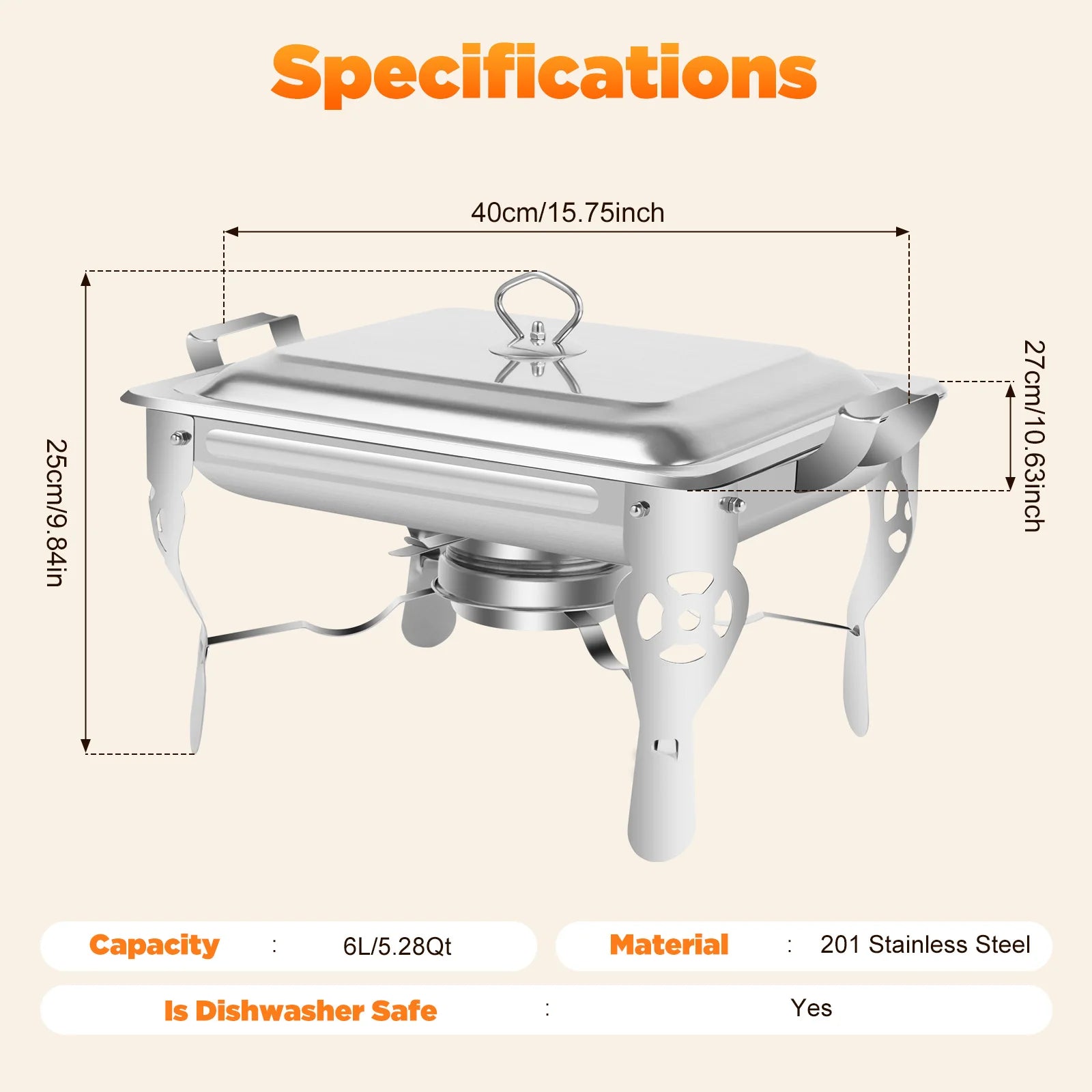 6L Stainless Steel Chafing Dish/ Lid Warmer Catering Warmer Container For Party Buffet Cater Square Self-Service Stove
