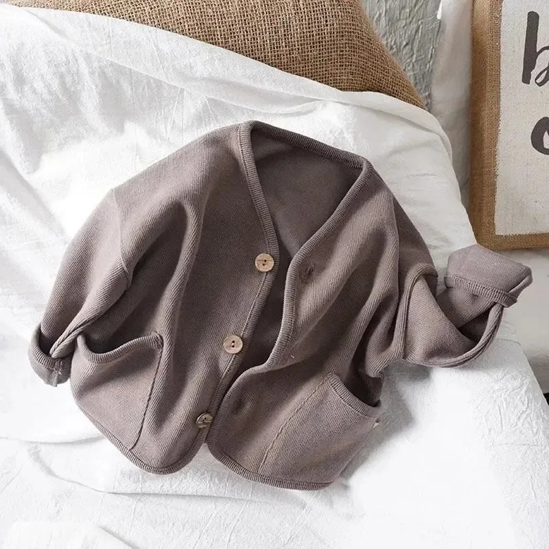 Korean Children's Loose Solid Color Long Sleeved Cardigan Autumn Style Pure Cotton Casual Top Jacket for Boys and Girls