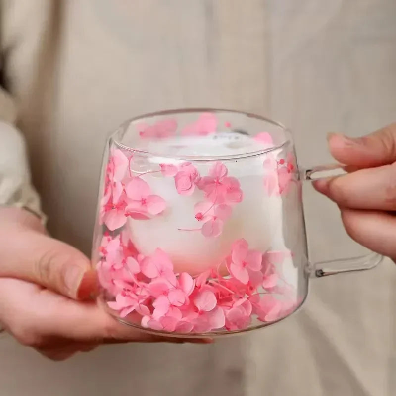 200ml Double Wall Coffee Mug with Handles Transparent Flowers Clear Milk Cups Fill Artificial Simulation Drinkware Glass for Bar