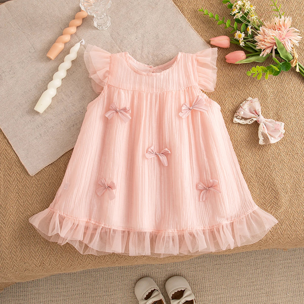 Birthday Dress Baby Girl Summer Solid Color Bow Flying Sleeve Gauze Dress Toddler Girl Pink Princess Dress