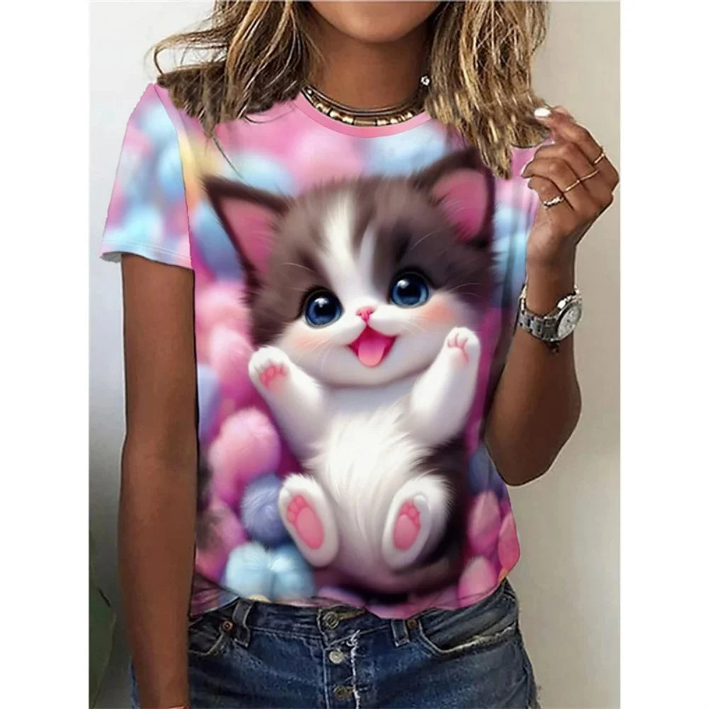 Funny Cat Pattern Children's T-Shirt Girl Cute Animal 3D Printed Fashion Top Short Sleeve Tee Summer Children Clothes Girl Tops