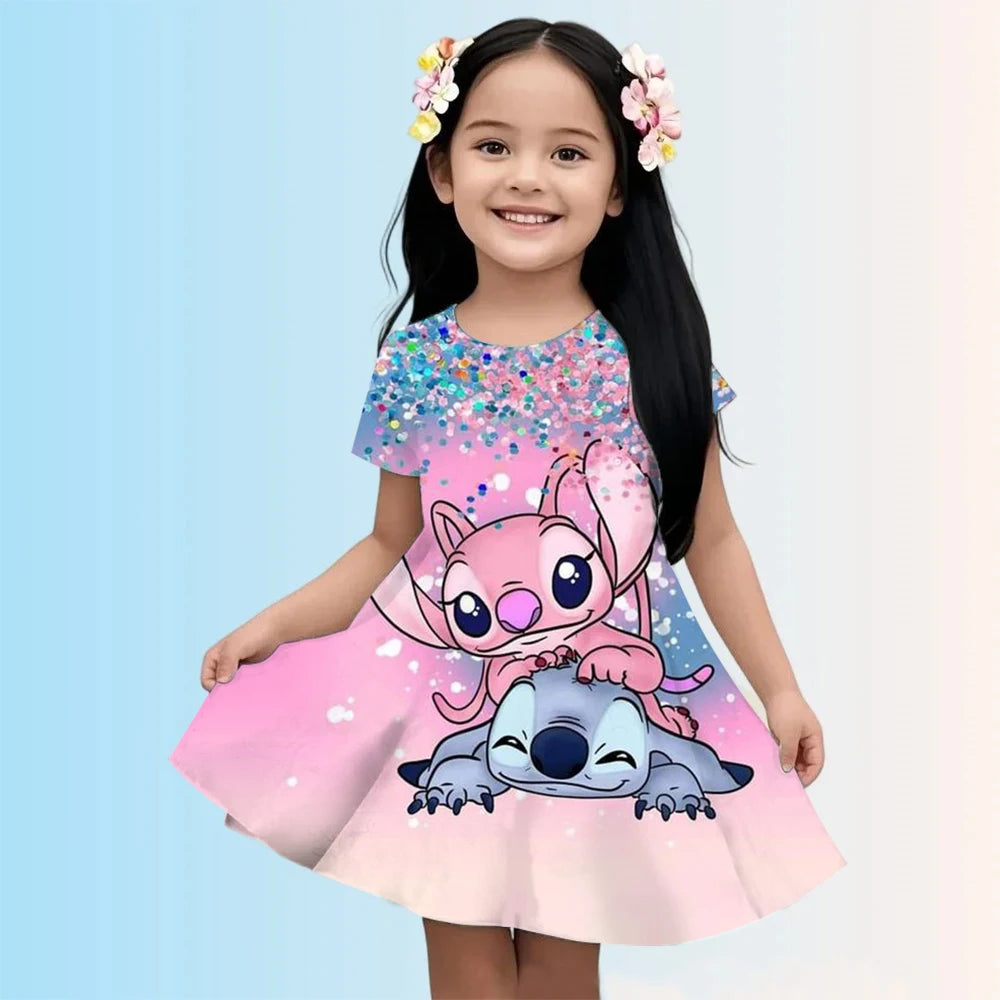2025 Girls Stitch Dresses Princess Children's Clothing Cartoon Stitch Print Summer Fashion Baby Stitch Dress 3-14Y