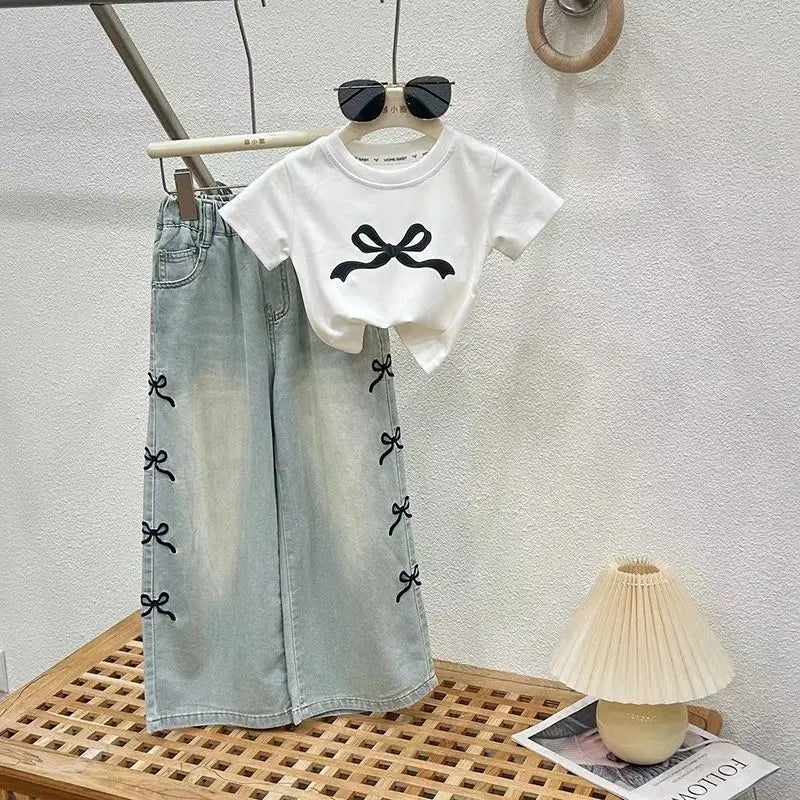 Girls Summer Thin Set Teenage Girls Wide Leg Jeans T-shirt 2-piece Summer Children's Clothing Set