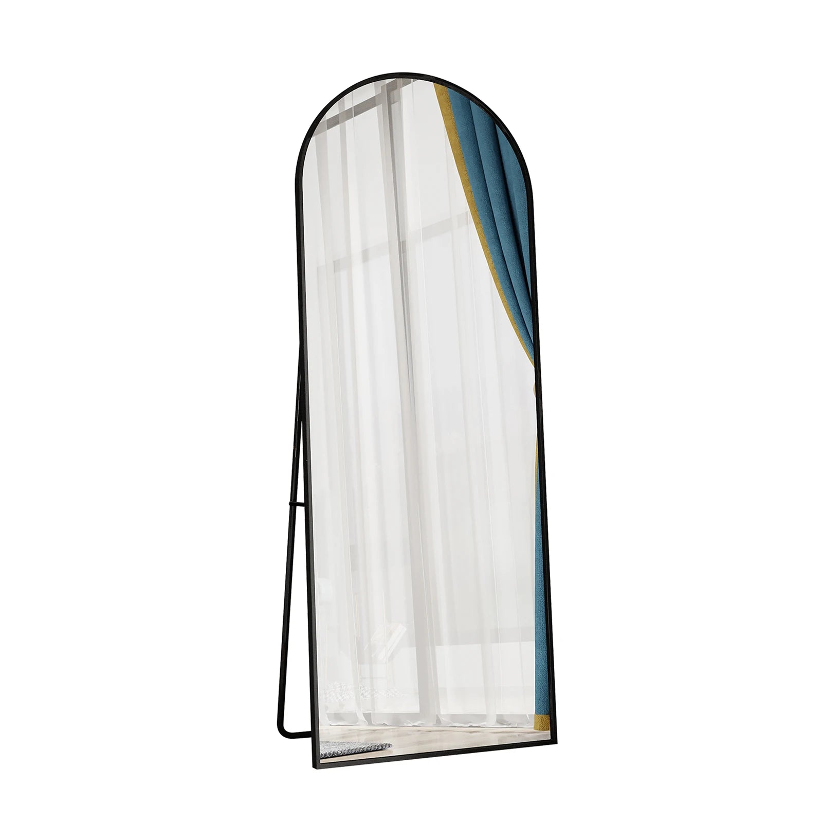 162x53cm Curved Standing Mirror, Floor Mirror with Aluminum Frame and Tempered Glass, for Living Room Bedroom Hallway, Black