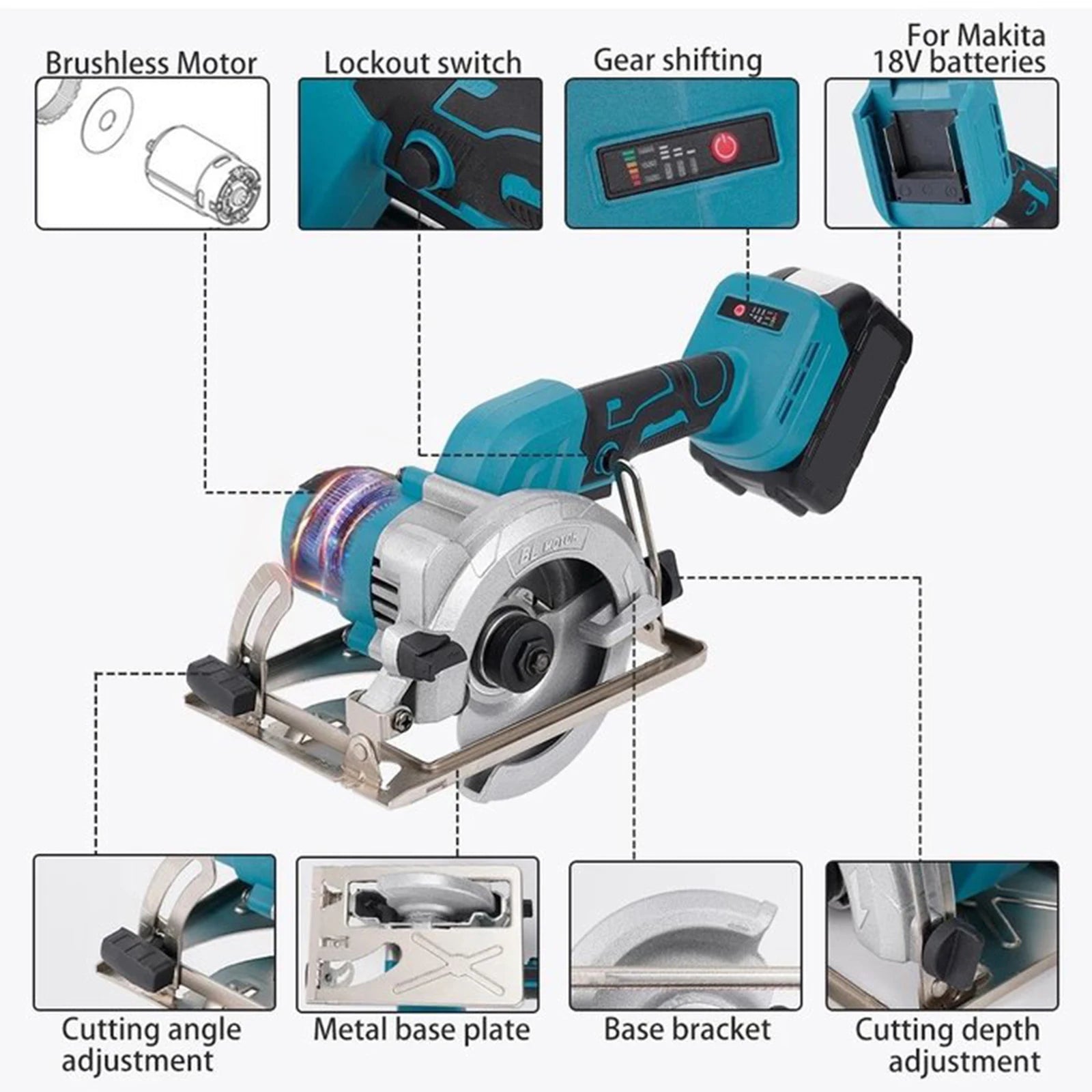 Brushless Circular Saw 125mm Cordless Electric Saw Adjustable Wood Cutting Machine Handheld Woodworking Saw for Makita Battery