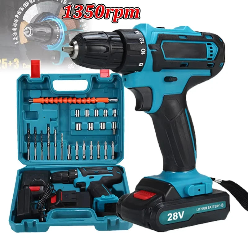 28V Cordless Impact Drill Multifunctional Screwdriver Rechargeable Electric Drill Lithium Battery 1350rpm Speed ​​Power Tool