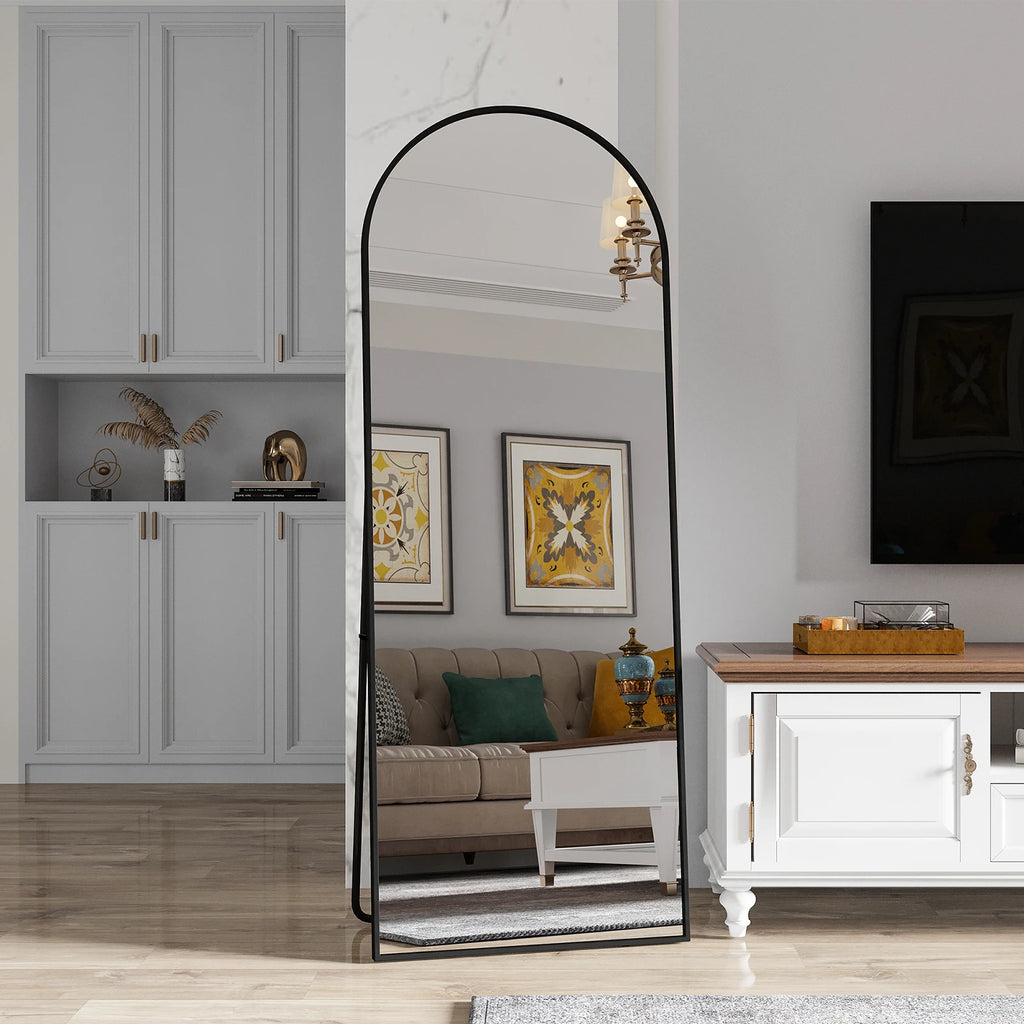 162x53cm Curved Standing Mirror, Floor Mirror with Aluminum Frame and Tempered Glass, for Living Room Bedroom Hallway, Black