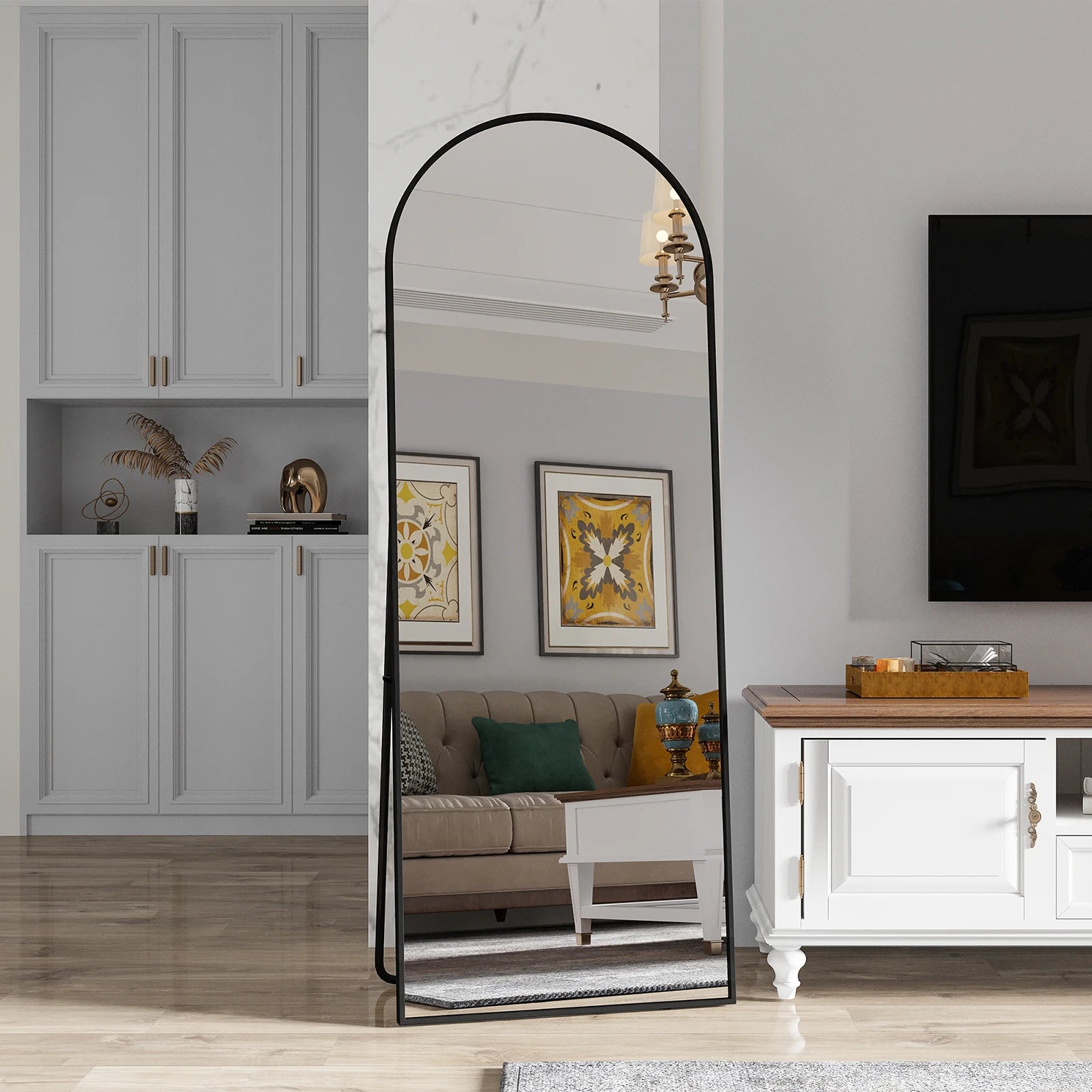 162x53cm Curved Standing Mirror, Floor Mirror with Aluminum Frame and Tempered Glass, for Living Room Bedroom Hallway, Black