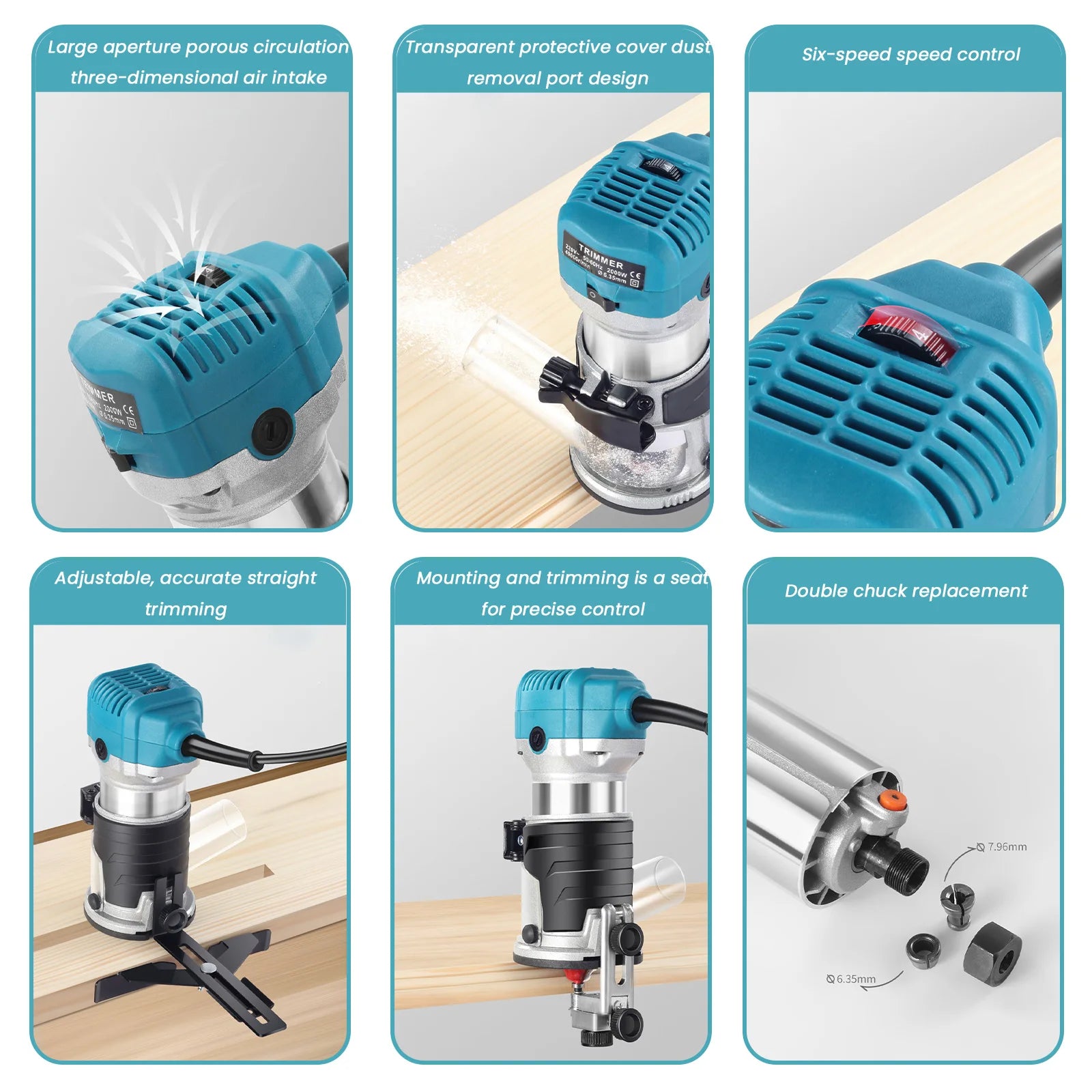 2000W Wood Electric Trimmer Woodworking Milling Machine 6th gear Hand Trimmers Wood Edge Router 40000RPM Home DIY Tools