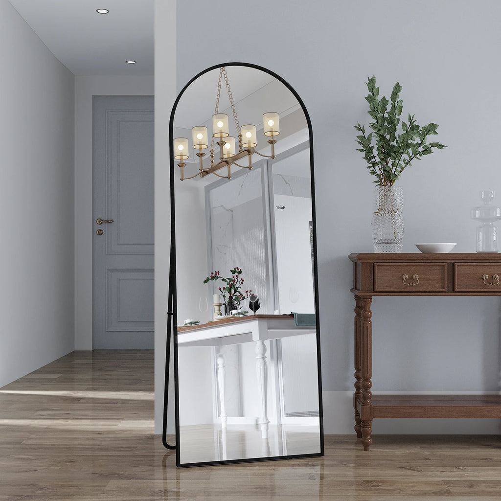 162x53cm Curved Standing Mirror, Floor Mirror with Aluminum Frame and Tempered Glass, for Living Room Bedroom Hallway, Black