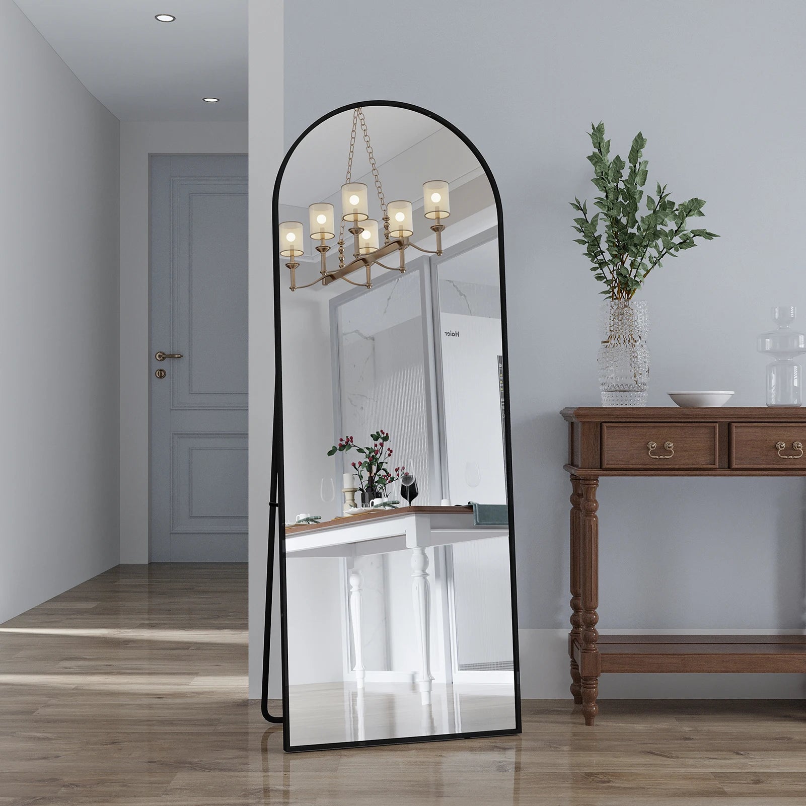 162x53cm Curved Standing Mirror, Floor Mirror with Aluminum Frame and Tempered Glass, for Living Room Bedroom Hallway, Black