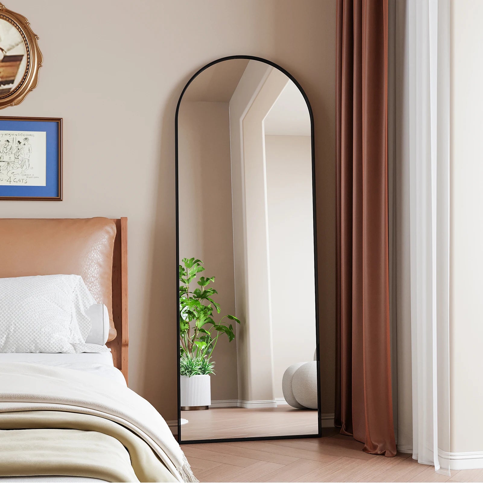 162x53cm Curved Standing Mirror, Floor Mirror with Aluminum Frame and Tempered Glass, for Living Room Bedroom Hallway, Black