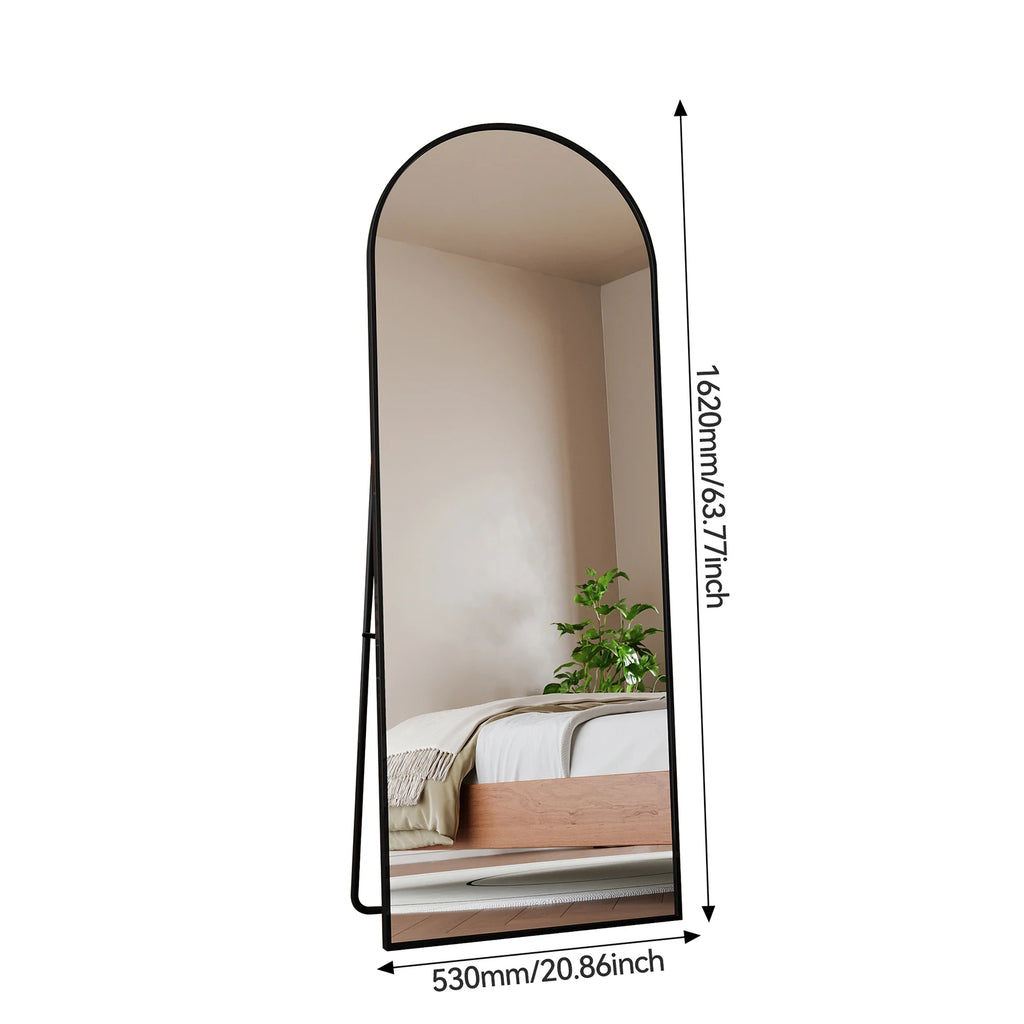 162x53cm Curved Standing Mirror, Floor Mirror with Aluminum Frame and Tempered Glass, for Living Room Bedroom Hallway, Black
