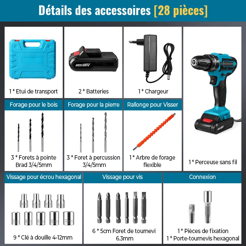 28V Cordless Impact Drill Multifunctional Screwdriver Rechargeable Electric Drill Lithium Battery 1350rpm Speed ​​Power Tool