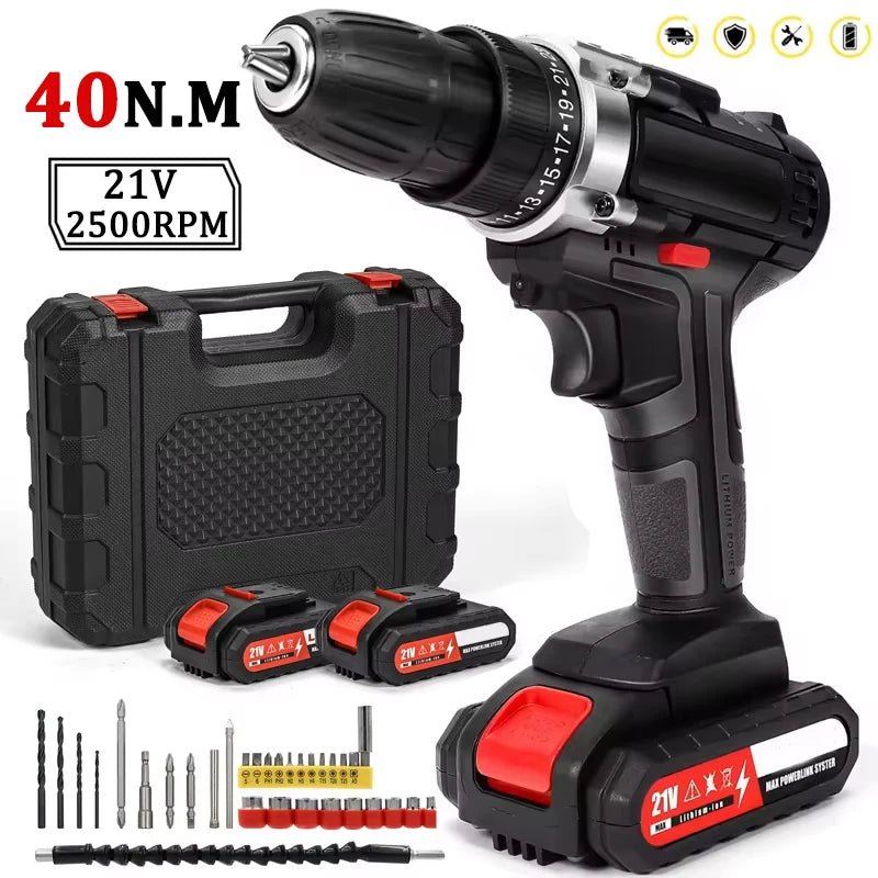 21V Cordless Impact Drill Electric Screwdriver Electric Hammer Drill Mini Wireless Hand Drill Lithium-Ion Battery DIY Power Tool