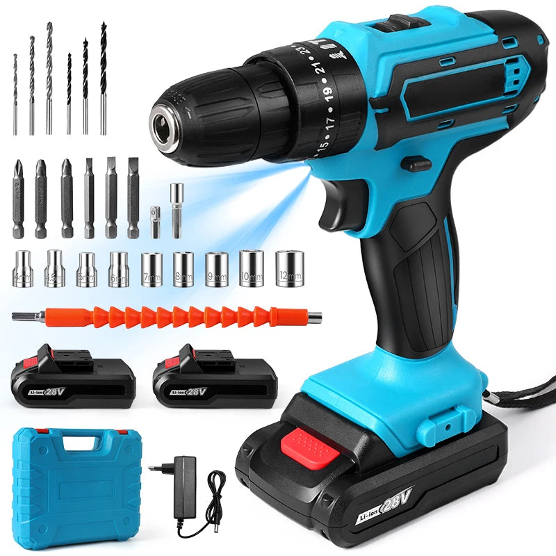 28V Cordless Impact Drill Multifunctional Screwdriver Rechargeable Electric Drill Lithium Battery 1350rpm Speed ​​Power Tool