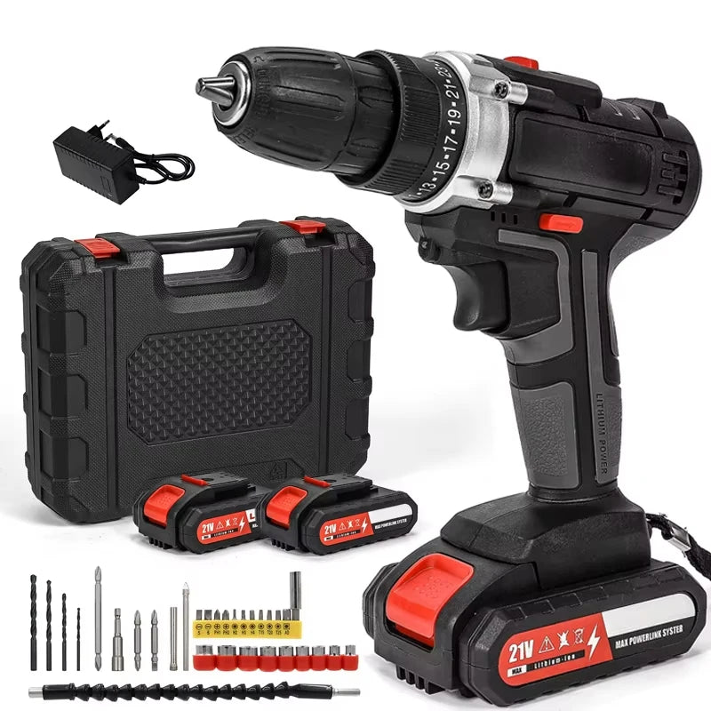 21V Cordless Impact Drill Electric Screwdriver Electric Hammer Drill Mini Wireless Hand Drill Lithium-Ion Battery DIY Power Tool
