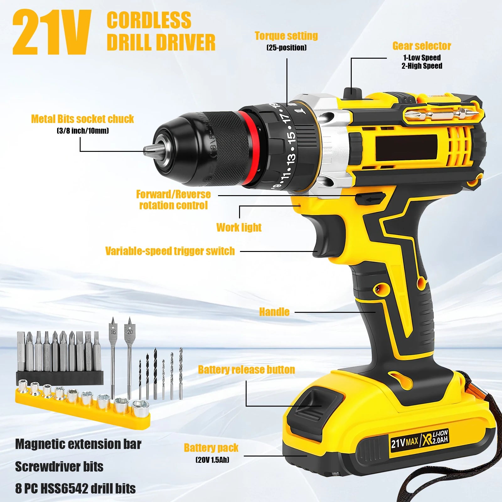 21V Cordless Electric Drill, Electric Screwdriver, Mini Wireless Power Driver, DC Lithium-Ion Battery