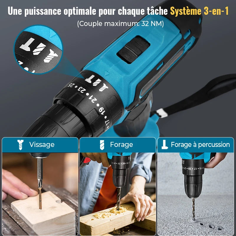 28V Cordless Impact Drill Multifunctional Screwdriver Rechargeable Electric Drill Lithium Battery 1350rpm Speed ​​Power Tool
