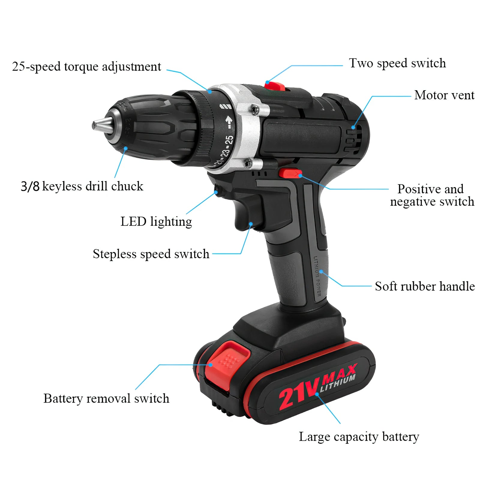 21V Cordless Impact Drill Electric Screwdriver Electric Hammer Drill Mini Wireless Hand Drill Lithium-Ion Battery DIY Power Tool