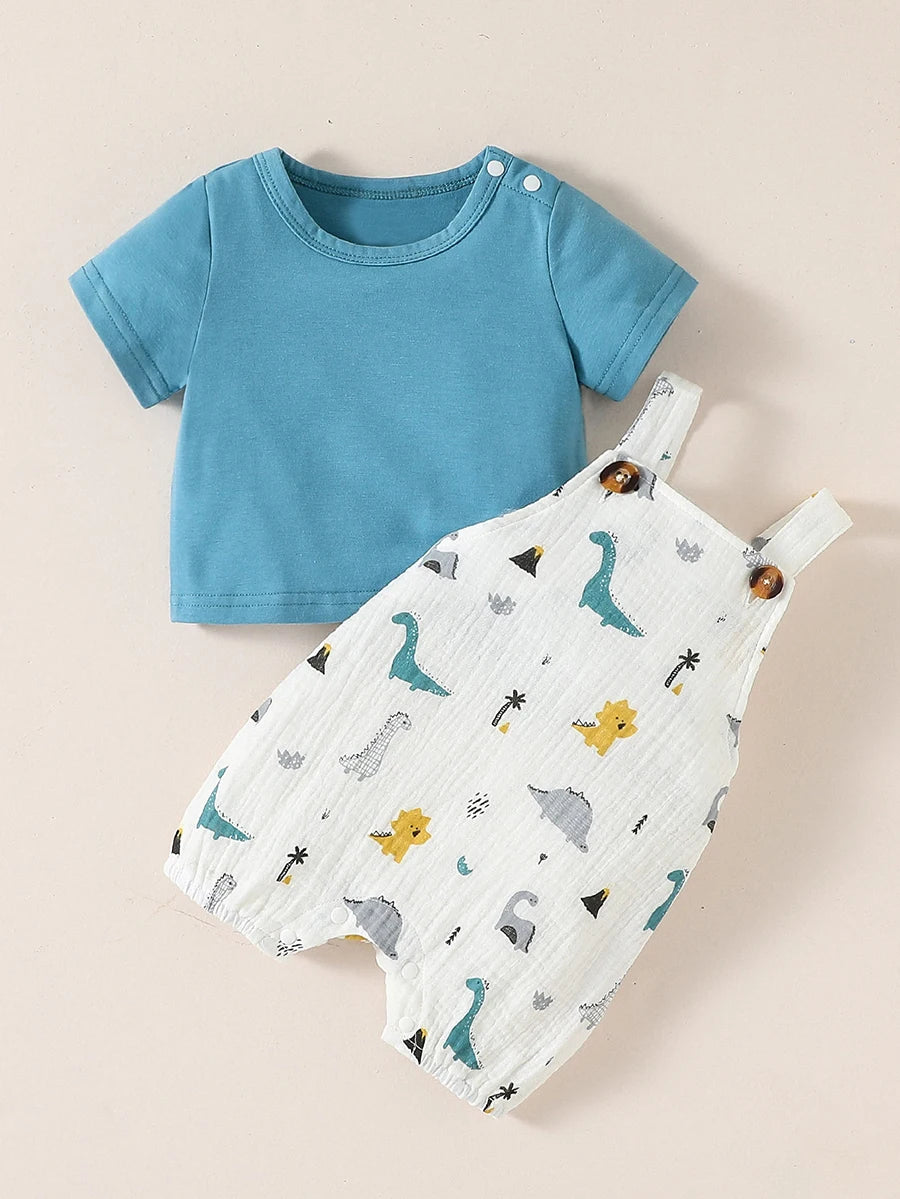 2024 Baby boy Summer Short Sleeve Solid T-shirt Cartton Animal Suspender Suit Cute