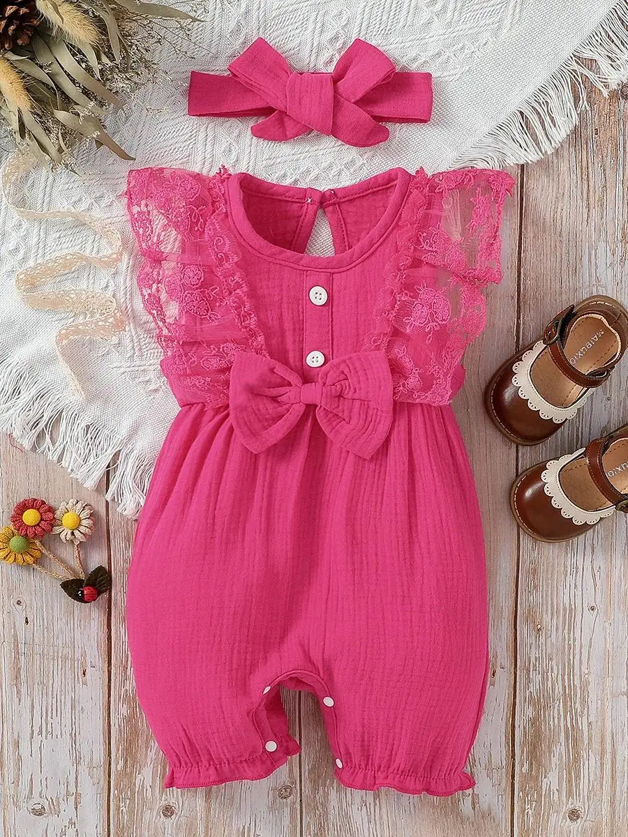 3-24M 2024 Baby girl Cotton Soft cute casual sleeveless summer jumpsuit With Bow +Headband