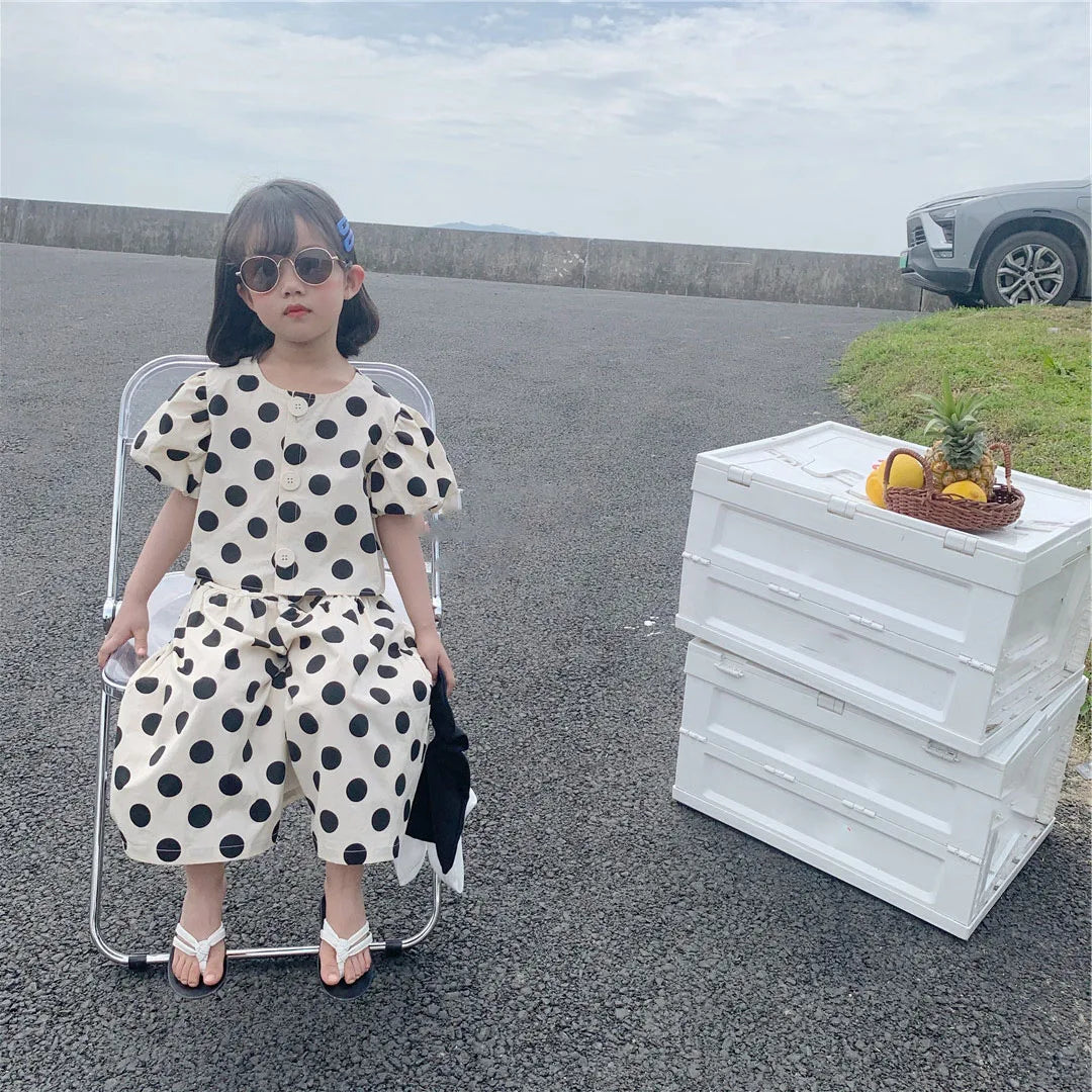 Summer Girls' Clothing Sets Fashion Single-breasted Polka Dot Girls' Shirt Top+Panties Baby Kids Clothes Suit Children Clothing