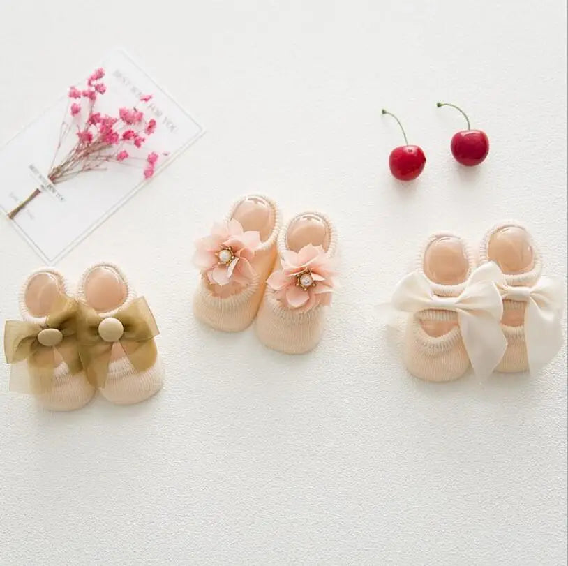 3 Pairs/Lot Lace Flower Newborn Baby Socks Cotton Anti-Slip Kids Floor Socks Bow toddler Girl Socks Spring Girls Gift sokken