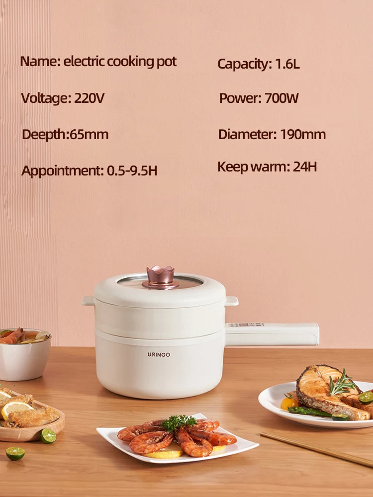 1.6L Smart Electric Cooking Pot Portable Saucepan Rice Cooker Multicooker Ceramic Liner Electric Skillet Fried Pan with Steamer