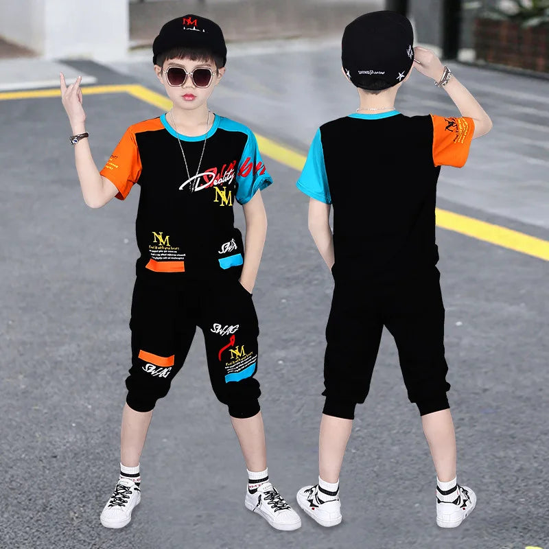 2025 Summer teenager Boys Sports Suit Letter T Shirt + hip hop shorts Pants Kids Clothes Tracksuit 4 5 6 7 8 9 10 11 12 Years