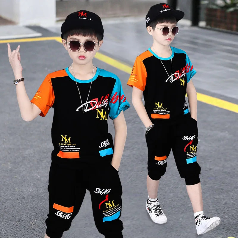2025 Summer teenager Boys Sports Suit Letter T Shirt + hip hop shorts Pants Kids Clothes Tracksuit 4 5 6 7 8 9 10 11 12 Years