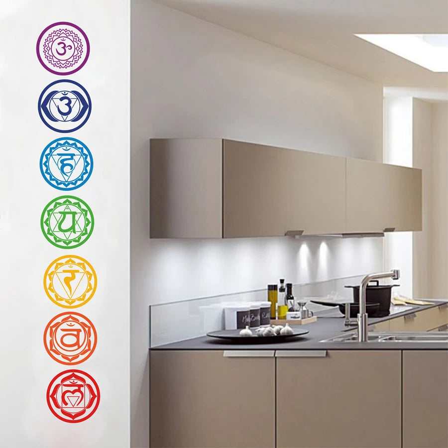 7pcs/set Chakras Vinyl Wall Stickers Mandala Yoga Om Meditation Symbol Wall Decals For Home Living Room/Yoga Studio Decoration