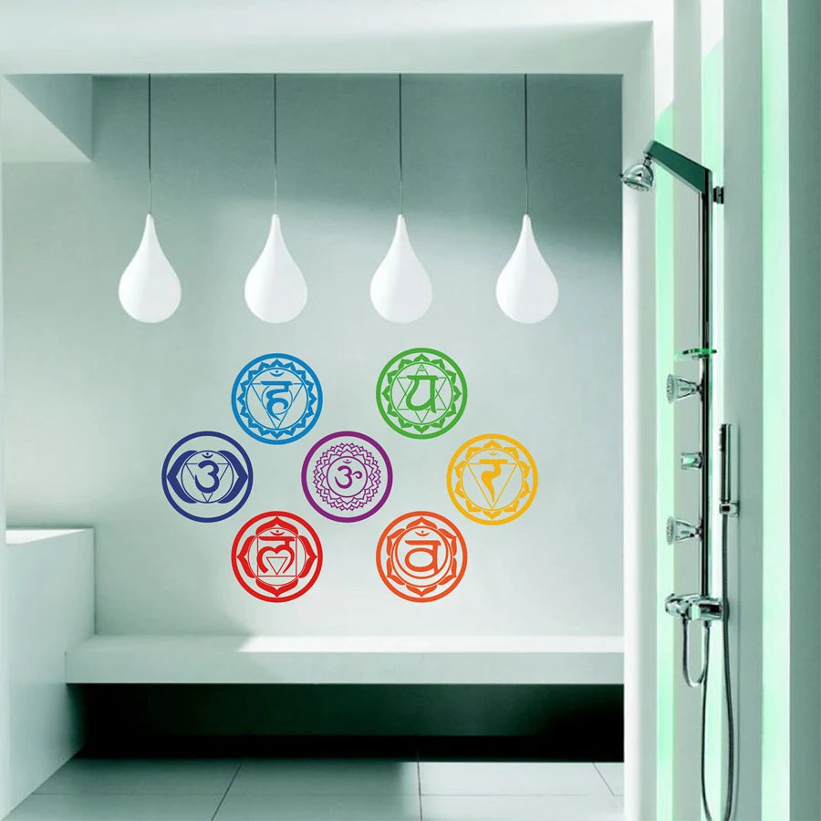 7pcs/set Chakras Vinyl Wall Stickers Mandala Yoga Om Meditation Symbol Wall Decals For Home Living Room/Yoga Studio Decoration