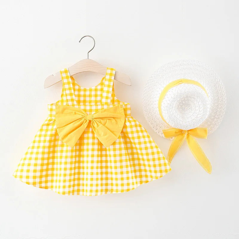 2Piece Summer Toddler Girls Dresses Korean Cute Plaid Sleeveless Cotton Big Bow Yellow Dress+Sunhat Newborn Baby Clothes BC003