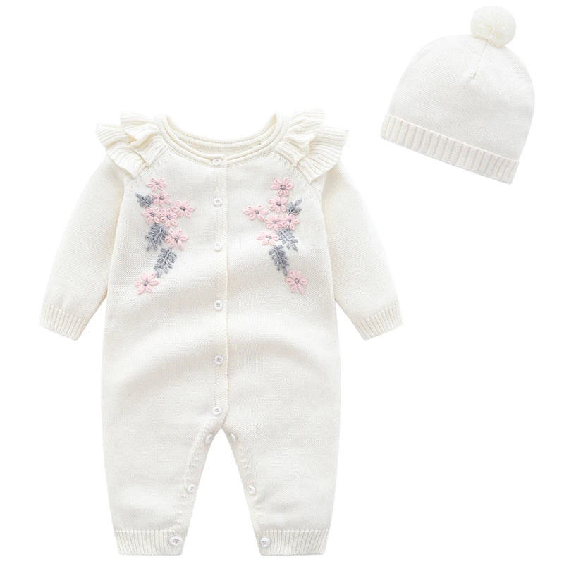Spring New Toddler Baby Girl Knitting Romper+Hat Floral Embroidery Romper Long Sleeve Autumn Infant Baby Girls Knitting Jumpsuit