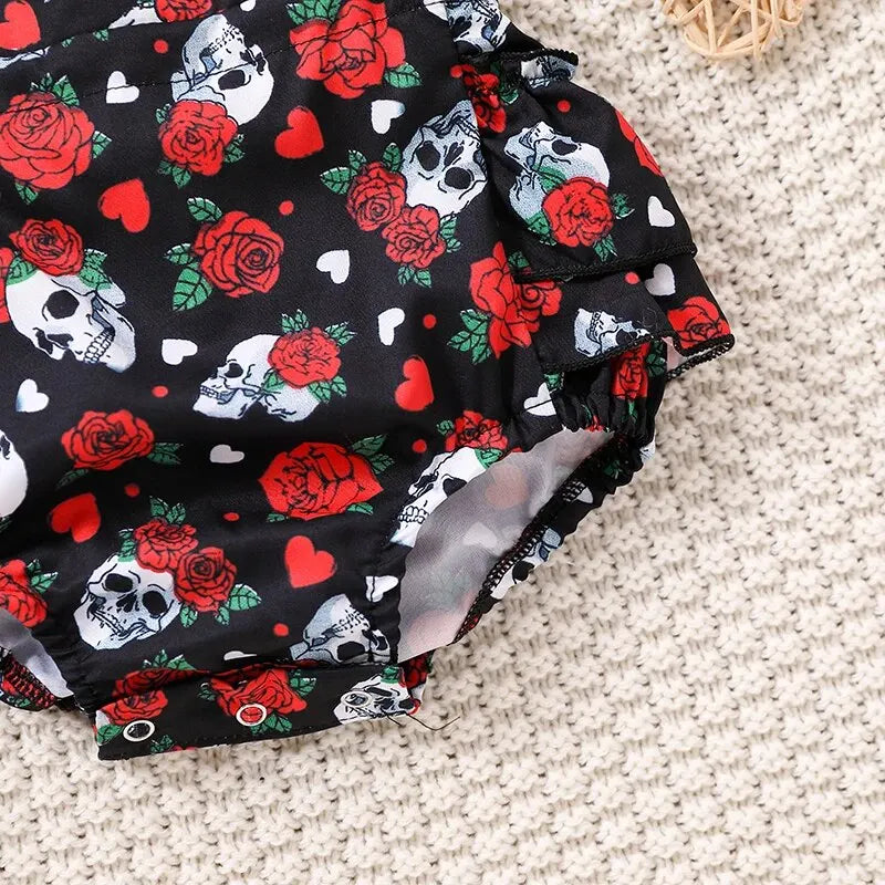 Summer Newborn Baby Clothes Pink Skull Pumpkin Sweetheart Flying Sleeves Triangle Romper Jumpsuit