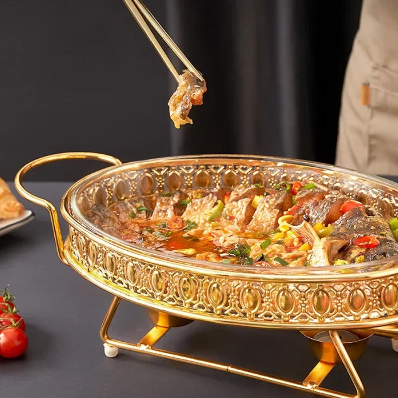 Luxury Golden Oval Food Warmer Hotel Wedding Chafing Dish Stainless Steel Glass Serving Dish Buffet Server and Hot Pot
