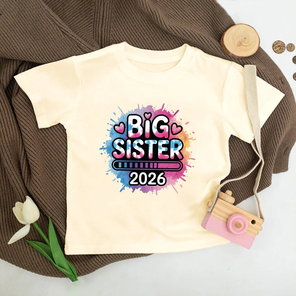 Big Sister Loading 2026 Printed Kids Shirt Pregnancy Announcement Clothes Big Sister T-shirt Child Summer Tee Kids Retro Outfit