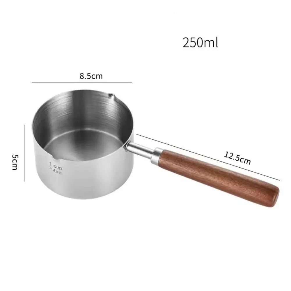 Dripping Sauce Pot Wooden Handle Milk Pan 304 Stainless Steel Spout Oil Pot Deepen with Scale Small Sauce Pan Butter Melting
