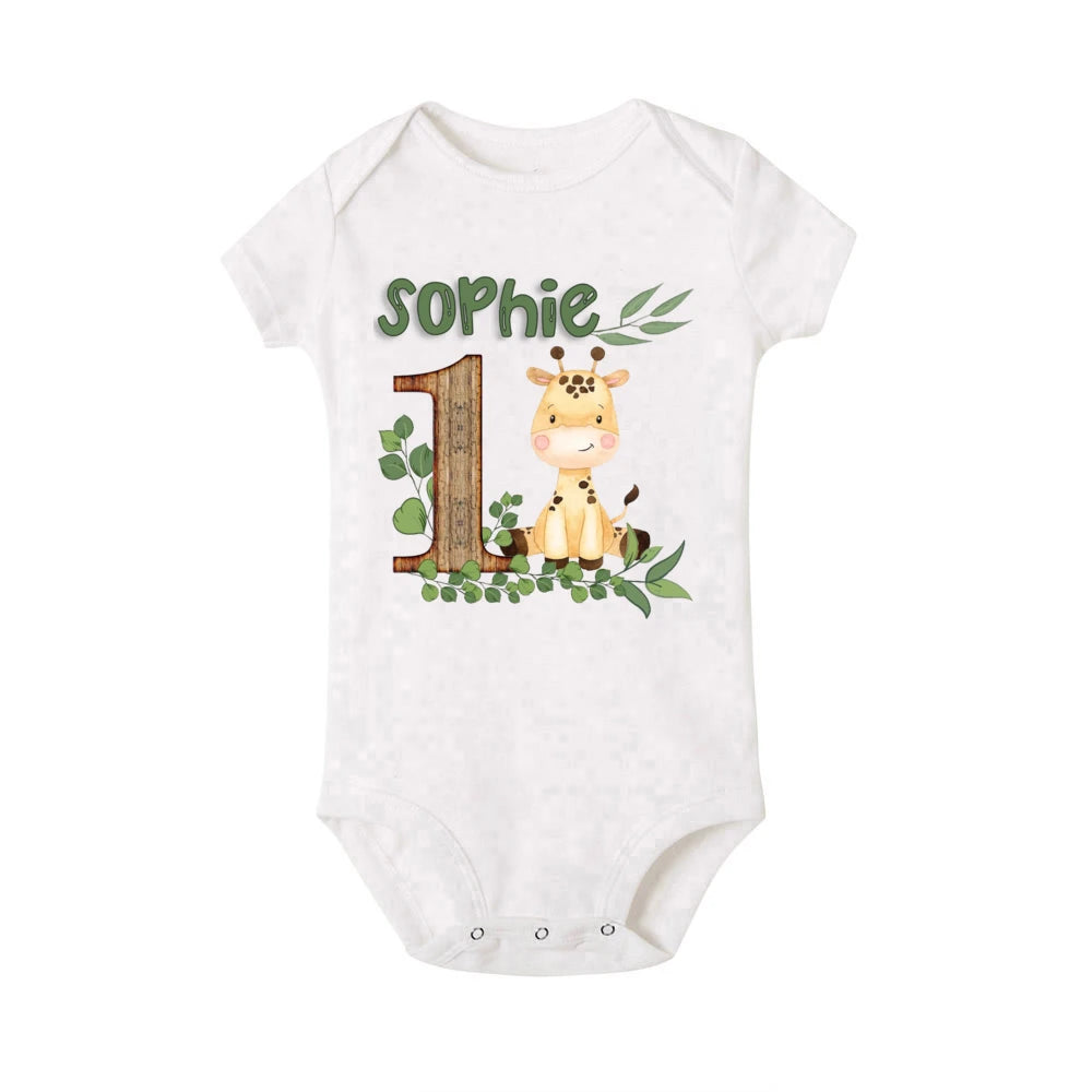 Personalized Safari Animal with Name Baby Romper Newborn Wild One Jungle Birthday Party Bodysuit Jumpsuit Infant Shower Gifts