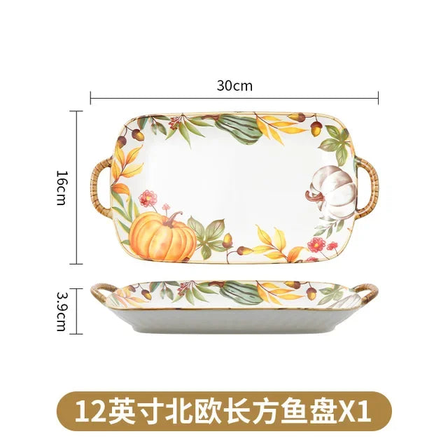 1PC Pumpkin Bowl Dish Tableware Household Ceramic Dishes Soup Double Ear Baking Plate Circular Bamboo Hat