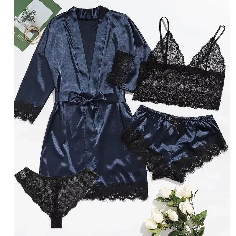 Women's Summer Sexy Pajama Pants Set 4 Pieces Lace Satin With Silk Sleepwear Robe Fashion And Comfortable Nightwear