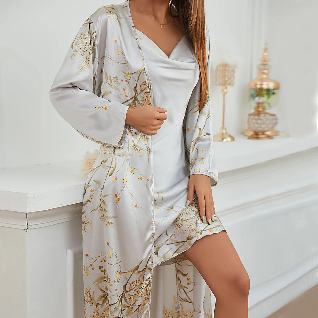 Women's Four Seasons Home Furnishing Lace Up Pajama Pajama Dresses Two Piece Set Thin Outerwear Medium Length Pajama Set