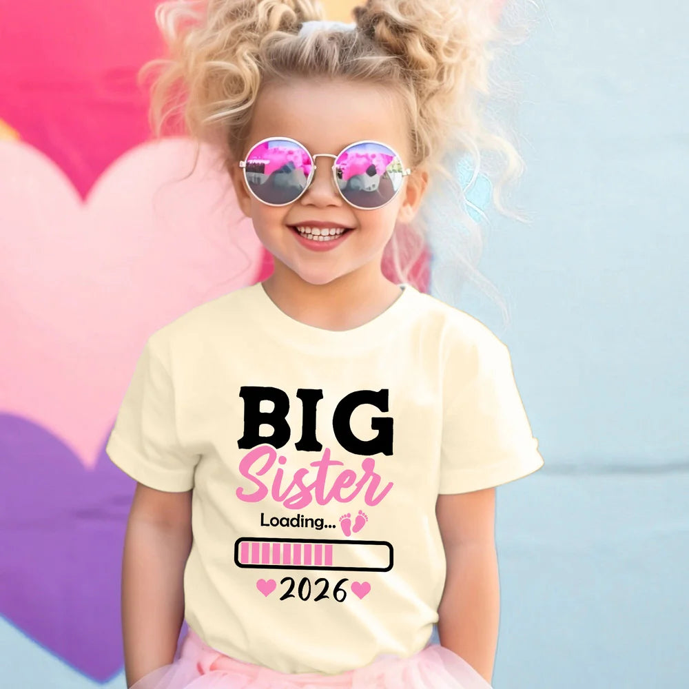 Big Sister Loading 2026 Printed Kids Shirt Pregnancy Announcement Clothes Big Sister T-shirt Child Summer Tee Kids Retro Outfit