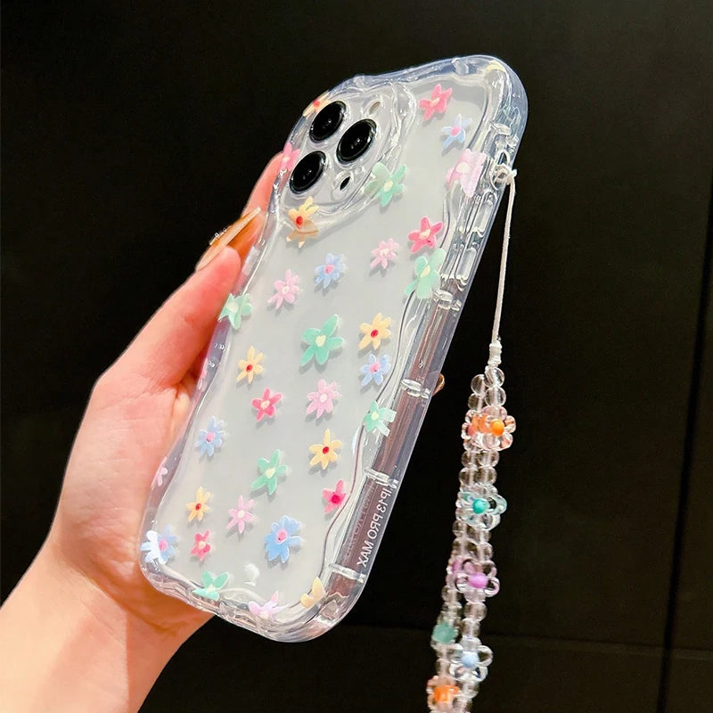 Colorful Flower Pattern Bracelet Lanyard Transparent Phone Case For iPhone 17 16 15 14 13 12 11 Pro Max XS XR 7 8 Plus 16E Cover