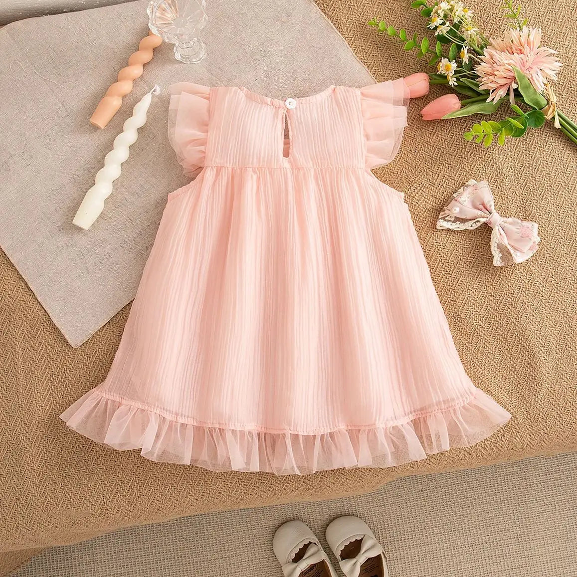 Birthday Dress Baby Girl Summer Solid Color Bow Flying Sleeve Gauze Dress Toddler Girl Pink Princess Dress