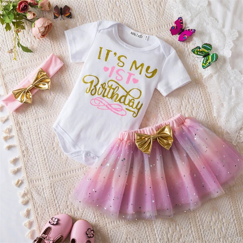 3Pcs Baby Girl 1st Birthday Dress Sets Short Sleeve Top &amp; Polka Dot Skirt &amp; Bow Headband Newborn Outfit Minni Cosplay Dress