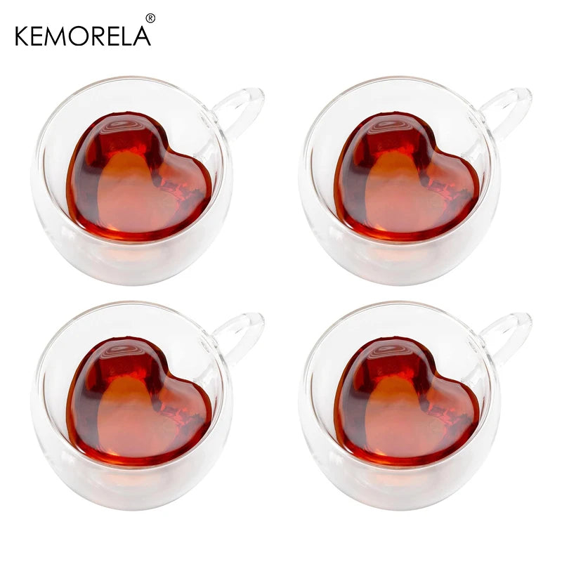 4/2PCS 240/180ML Heart Love Shaped Glass Mug Lovers Cups Double Wall Glass Cup Wine Glasses Tea Mugs Milk Espresso Coffee C
