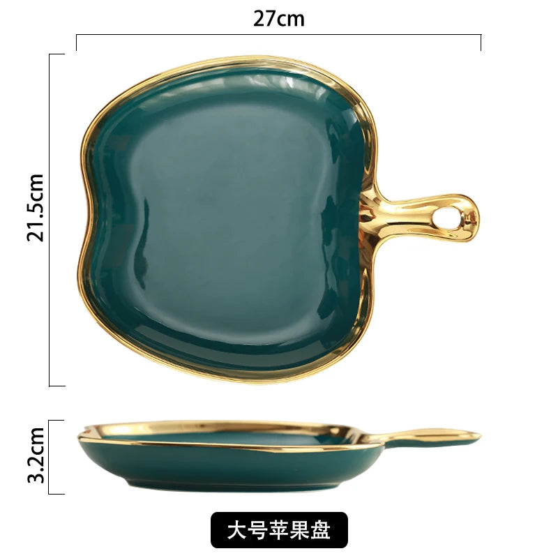 Nordic Light Luxury Plate Storage Plate Home Creative Breakfast Plate Tableware Golden Edge Double Ear Plate Kitchen Supplies